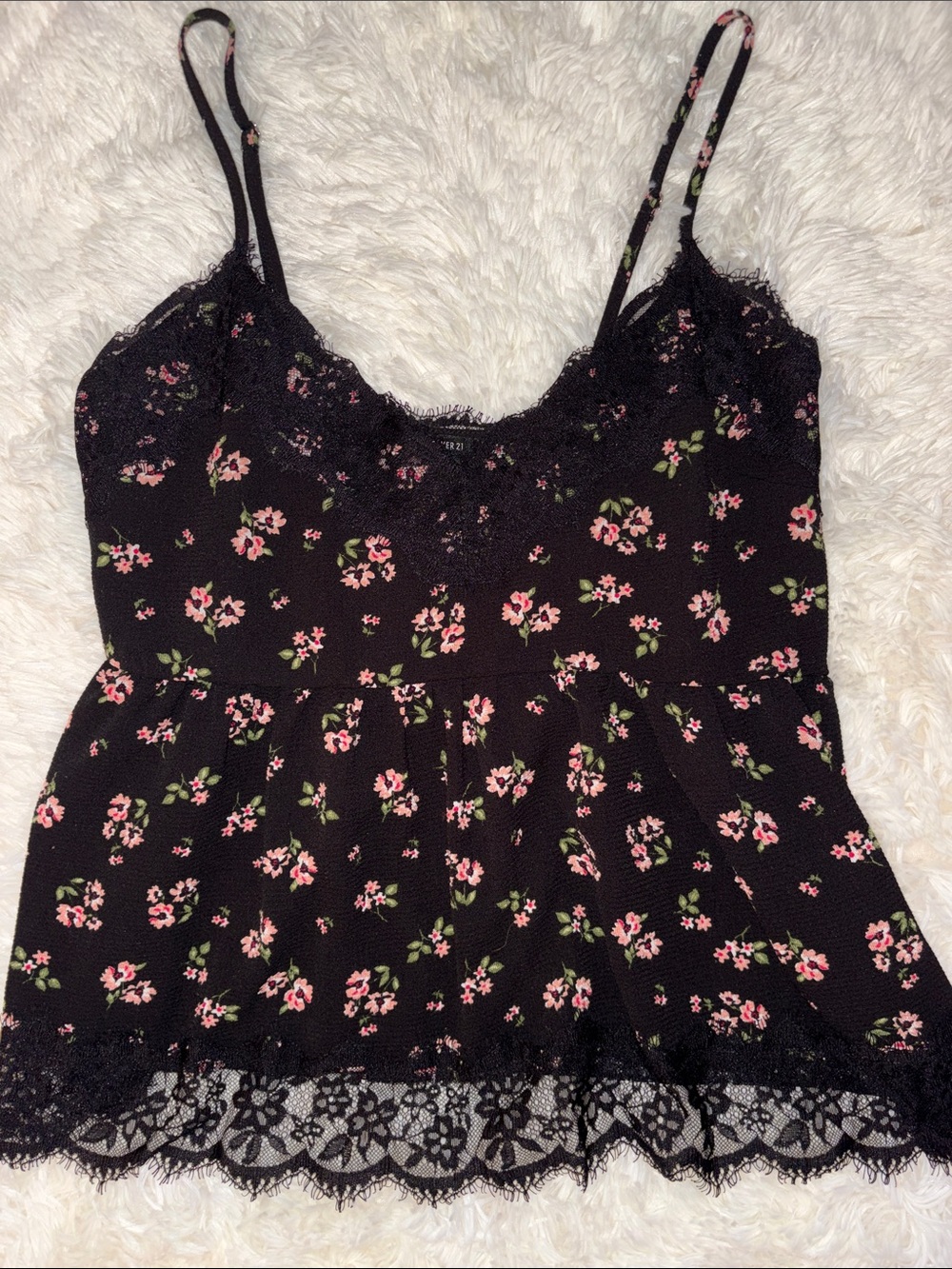 Forever 21 Black Floral Lace Trim Cami with Pink Flowers